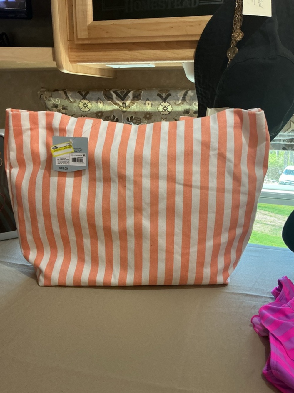 Shade & Shore Coral and White Striped Canvas Tote